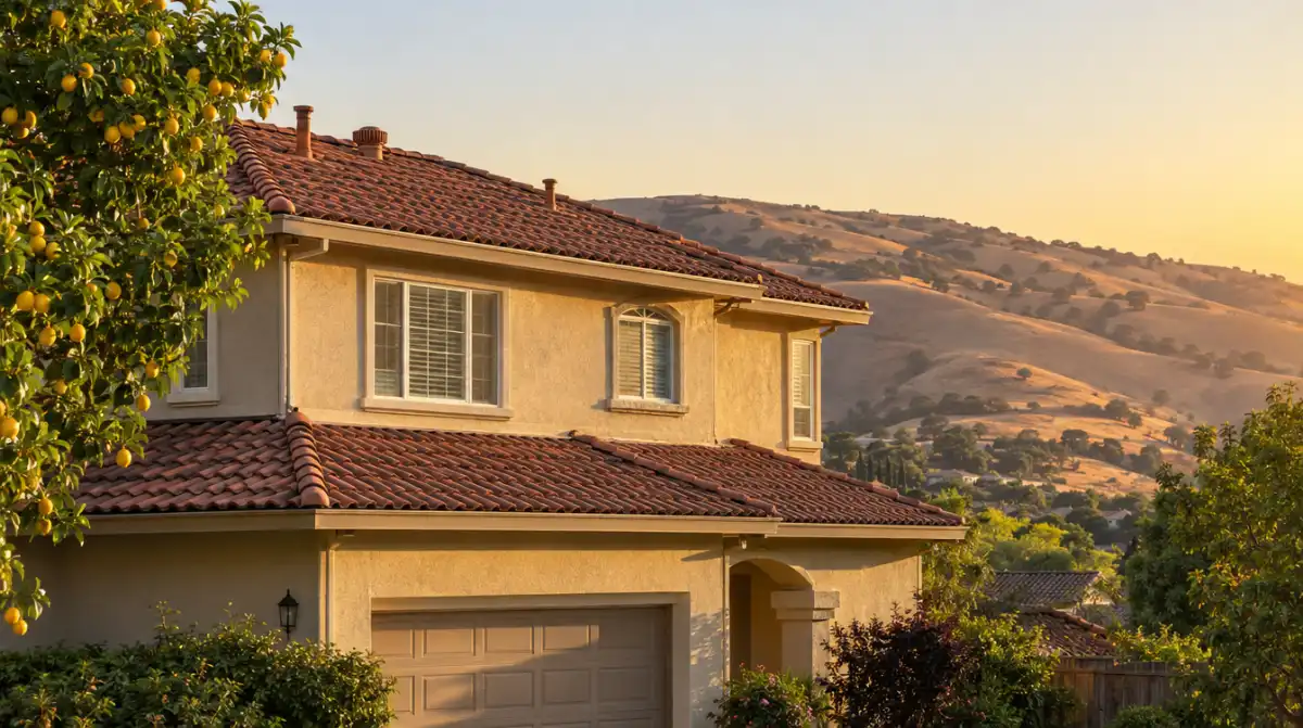 Two-story stucco home with a tile roof at golden hour, typical of East Contra Costa neighborhoods
