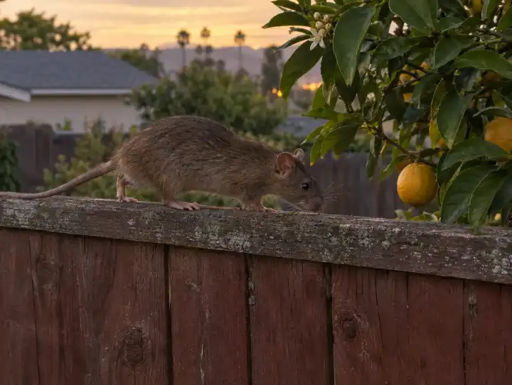 Slender brown rat with a long tail on a backyard fence rail next to a citrus tree